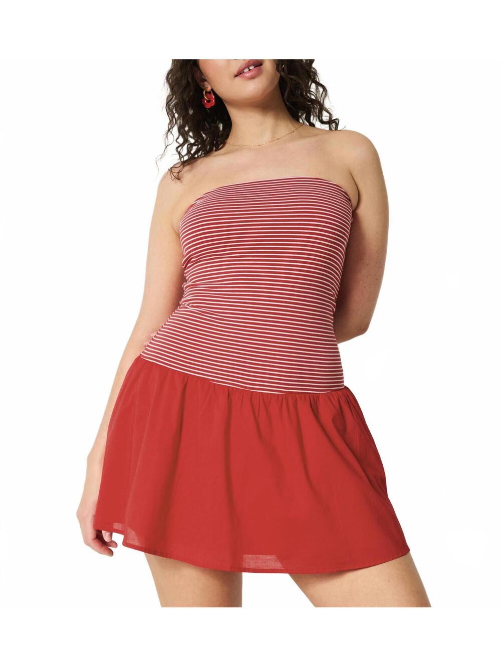 Hollister Strapless Drop-Waist Knit-Woven Mini Dress NWT Cherry Red Stripe XS